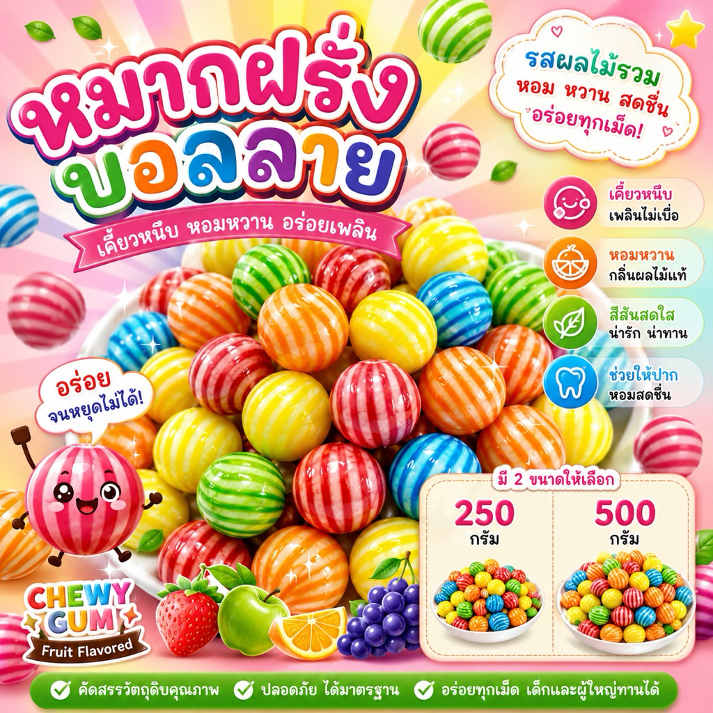หมากฝรั่งรสผลไม้🍇🍉🍑🍒🍎 มีหลากหลายรูปแบบสีสันน่าทาน หวานน้อยค้า