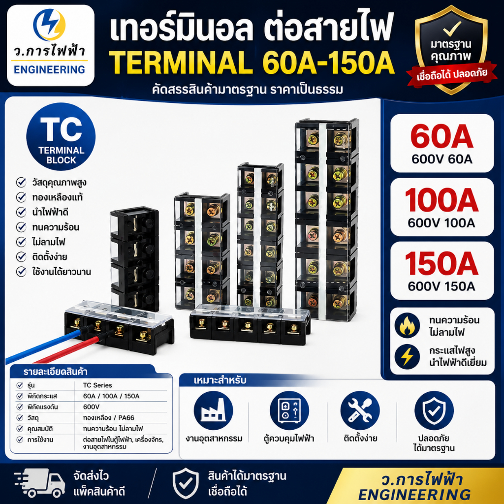 เทอร์มินอล 60A 100A 150A 2ช่อง 3ช่อง 4ช่อง  Terminal Block 600V  TC60 TC100 TC150 terminal พร้อมส่ง