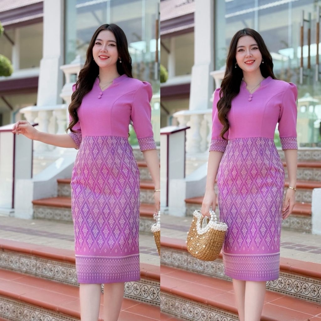 เดรสผ้าไทยเนื้อฝ้ายทอทั้งชุดม่วงสวยสง่างานทอคุณภาพ