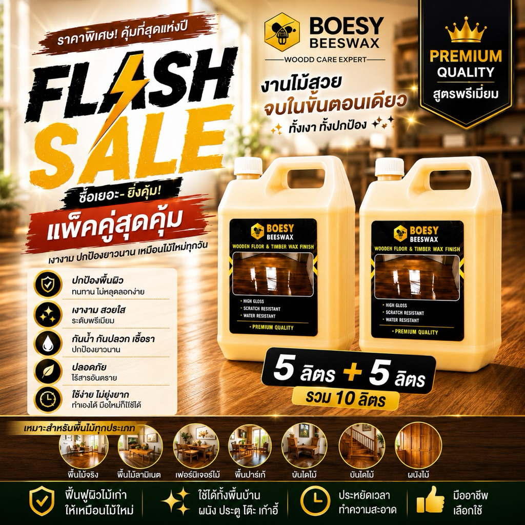 ขี้ผึ้งทาไม้และเคลือบเงา  Beewax แบรนด์ Boesy ทําความสะอาดเคลือบเงา ชุบชีวิตเฟอร์นิเจอร์ไม้  และทุกพื้นผิว 5+5 ลิตร