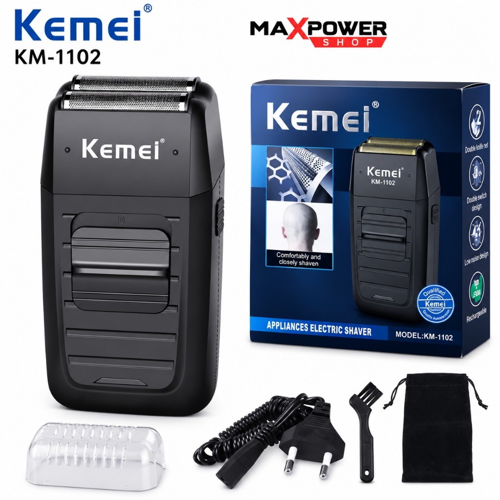Kemei KM-1102 เครื่องโกนหนวดแบบไร้สาย เครื่องโกนหนวดไฟฟ้า 2 in1 ใบมีดแฝดลูกสูบเครา โกนกนวด & กันจอน