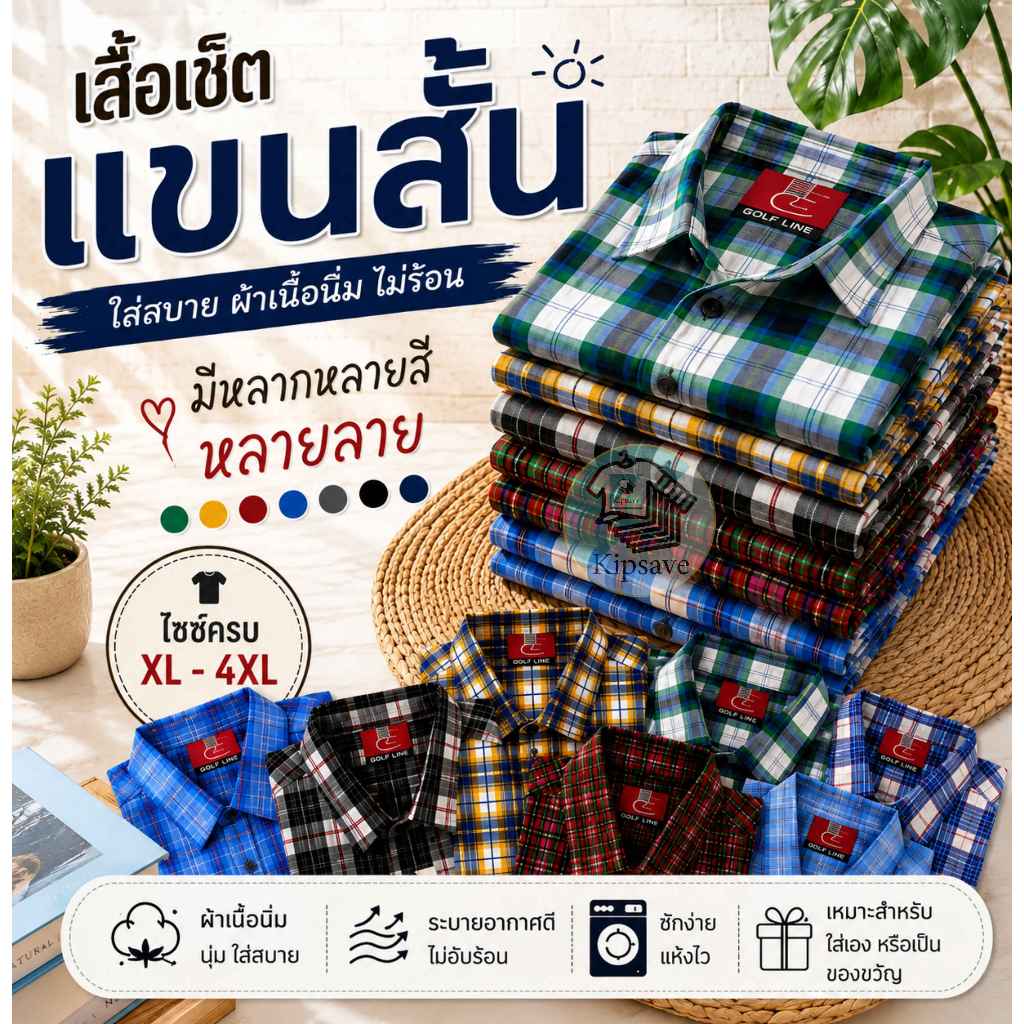 เสื้อเชิ้ตแขนสั้นผู้ชาย เสื้อเชิ้ตลายสก๊อตแขนสั้น ยี่ห้อ Color Line ผ้านิ่ม ไม่ร้อน ใส่แล้วดูดี (CL1)
