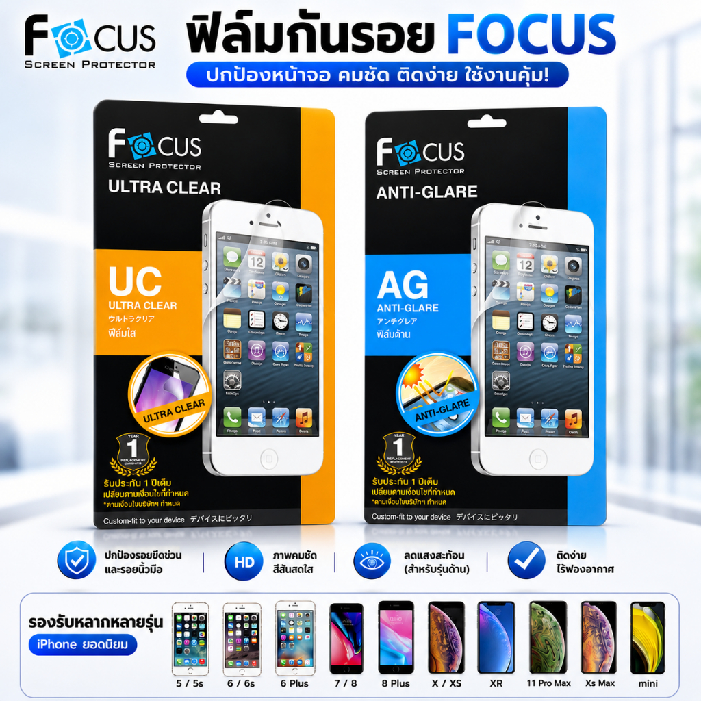 Focus ฟิล์มกันรอย สำหรับ ไอโฟน 5 5s 6 6s 6 Plus 7 8 Plus X 11 Pro Max Xs XR Max mini / iPod Nano7 touch5 / touch6