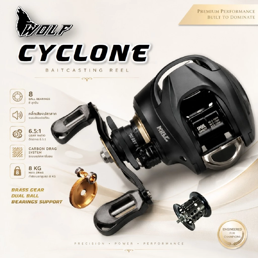 รอก WOLF CYCLONE 8 ลูกปืน เบรกคาร์บอน คลิ๊กเสียงปลาลาก