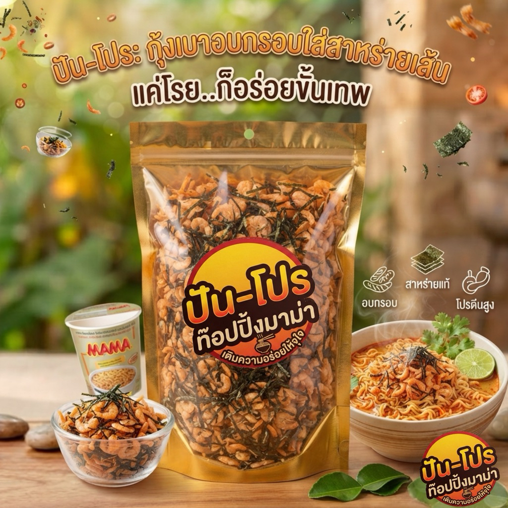 [150g.] ปัน-โปร กุ้งเบาอบกรอบผสมสาหร่ายแท้ กุ้งแท้ 100% ใส่มาม่า บะหมี่ โจ๊ก กรอบอร่อยทานเล่น กุ้งเบาอบรอบ ท๊อปปิ้งมาม่า