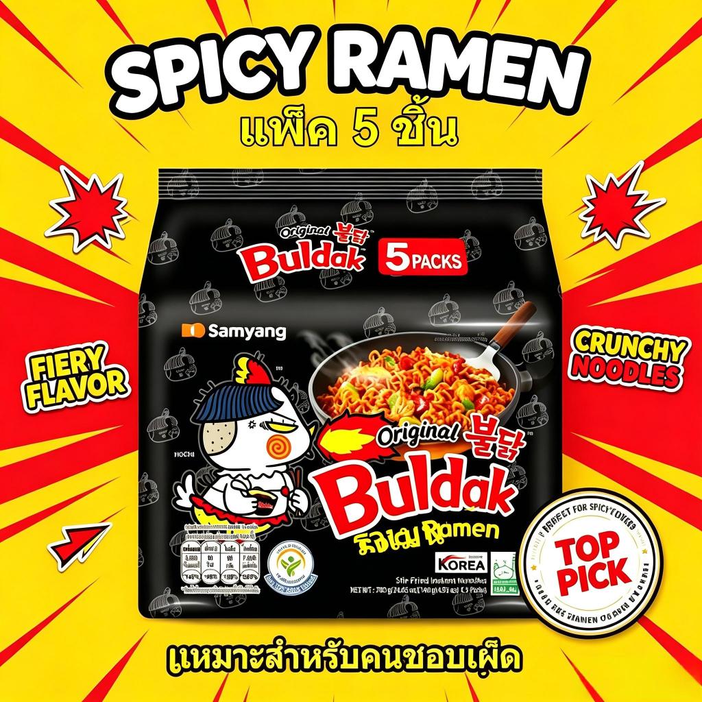 (แพ็ค5ซอง) ซัมยัง บูลดัก รสต้นฉบับ บะหมี่กึ่งสำเร็จรูปเผ็ดไก่เกาหลี Samyang Buldak Original Spicy Ra