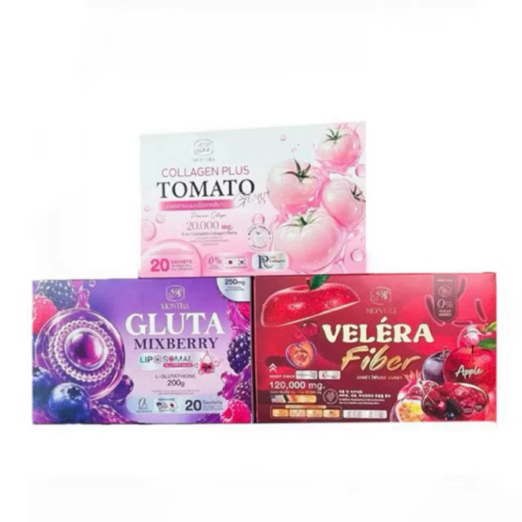 MONTRA GLUTA MIXBERRY | กลูต้ามนตรา,คลอลาเจนมนตรา,ไฟเบอร์มนตรา มิกซ์เบอร์รี่ 1กล่อง 20ซอง