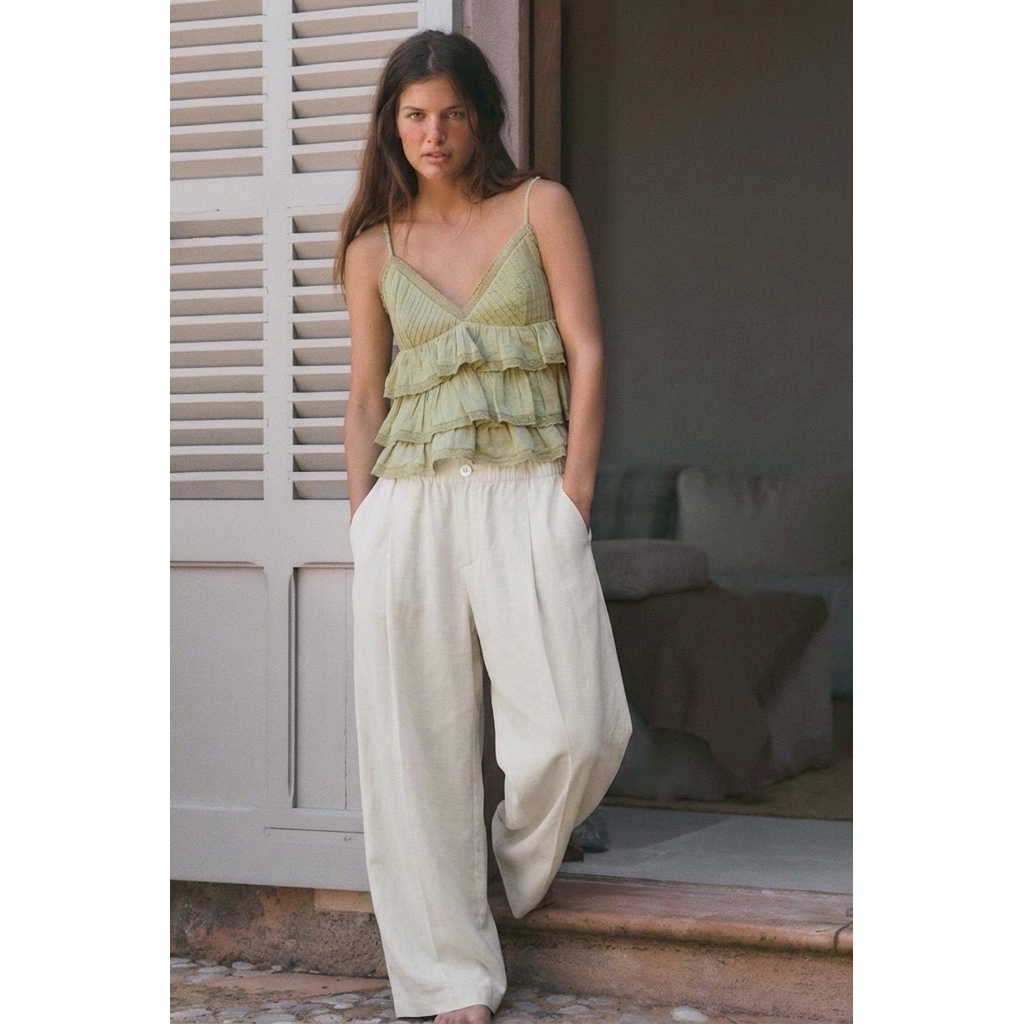 ZARA Slouchy Pants กางเกงผ้าสีครีม เอวสูง ผ้าพริ้วๆ  งานแท้