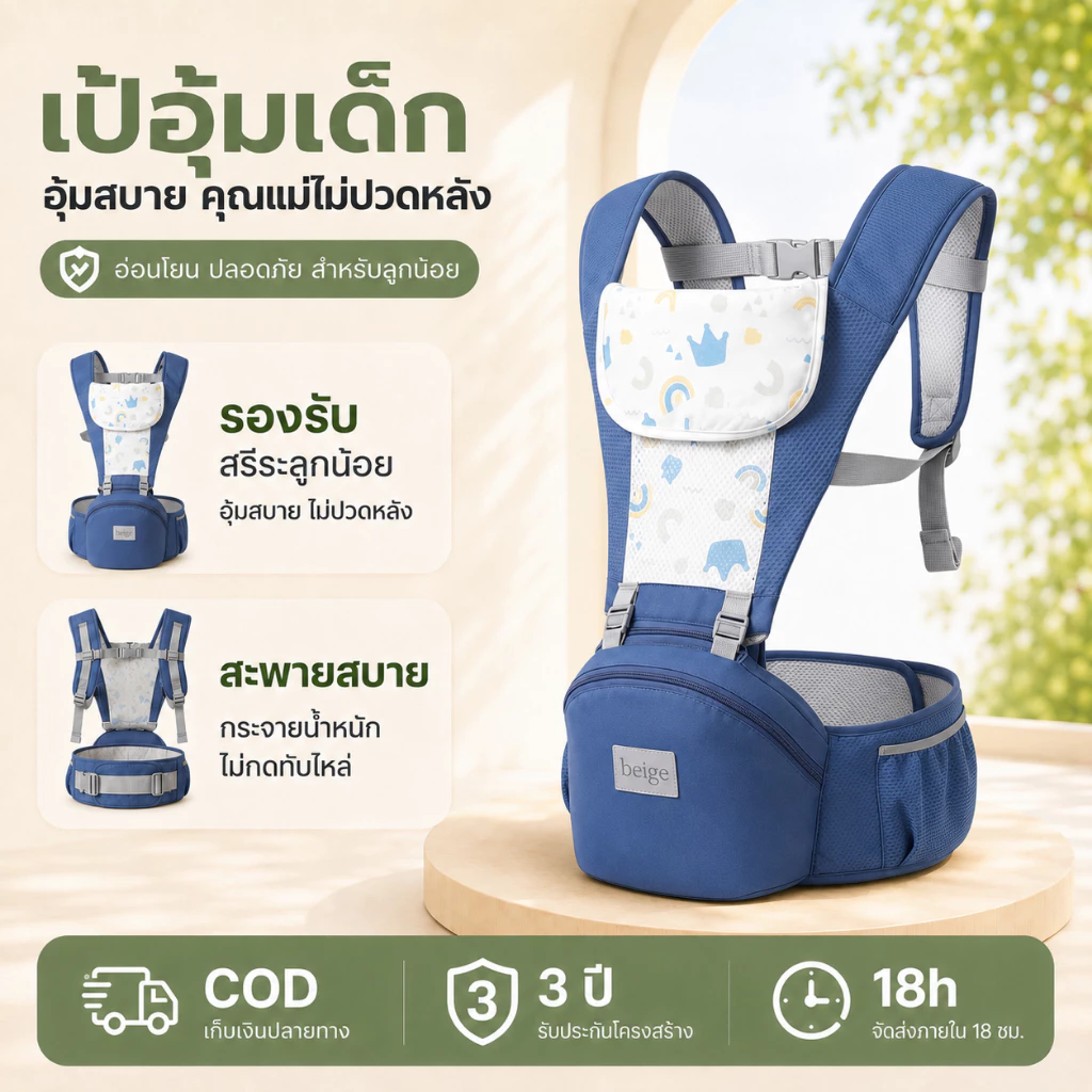 Beige เป้อุ้มเด็ก ที่เก็บได้ สะดวกต่อการพกพา ประหยัดแรงและปกป้องเอว เหมาะสําหรับช่วง 0-36 เดือน