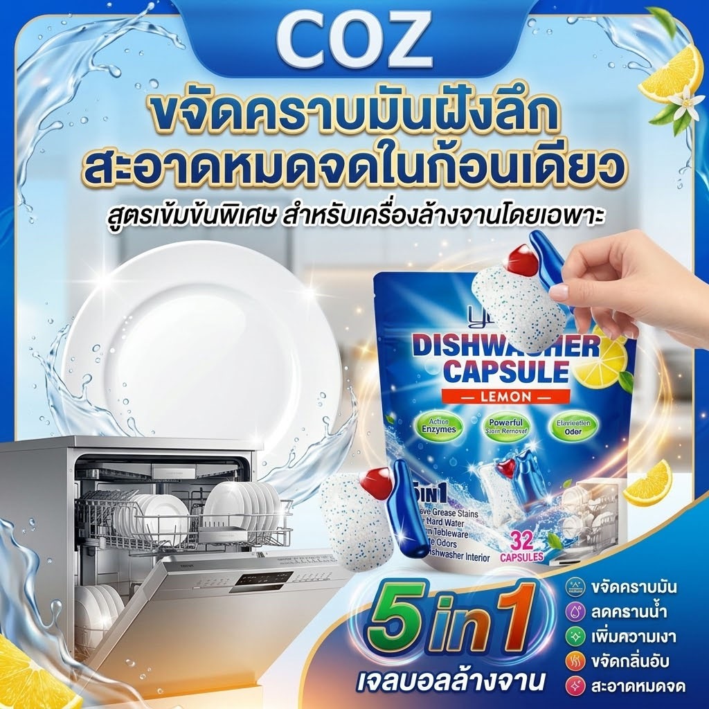เม็ดล้างจานอัตโนมัติ 32 เม็ด สำหรับเครื่องล้างจาน ขจัดคราบมัน คราบชา คราบกาแฟ สะอาดพร้อมใช้งาน ตาข่ายล้างจาน