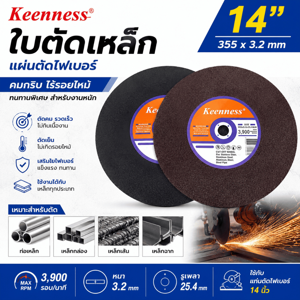 Keenness ใบตัดเหล็ก แผ่นตัดไฟเบอร์ 14 นิ้ว (355x3.2mm) คมกริบ ไร้รอยไหม้ ทนทานพิเศษ สำหรับงานหนัก