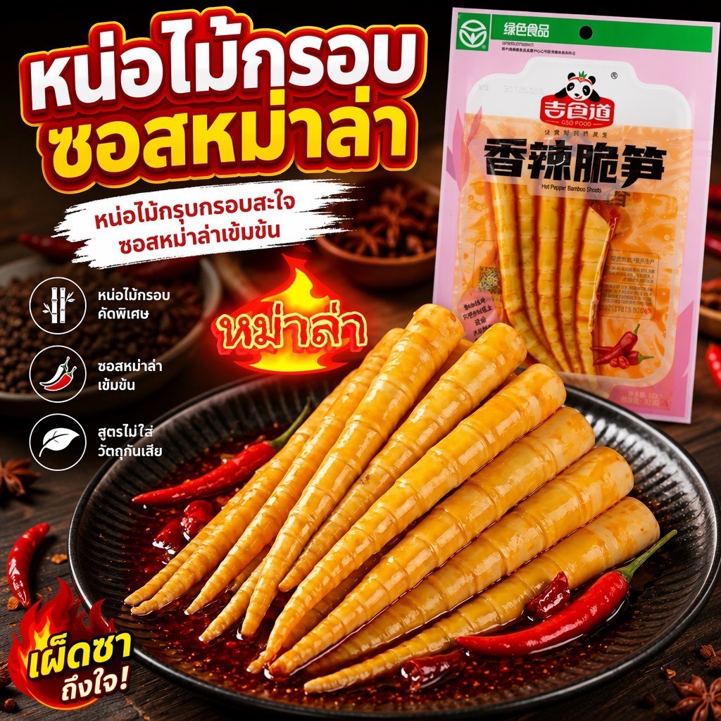 หน่อไม้หม่าล่าปรุงรสพรีเมียม รสหม่าล่าเผ็ดชาสะใจ กลิ่นหอมเย้ายวน เคี้ยวกรุบหยุดไม่อยู่ ขนาดพกพา 60 กรัม
