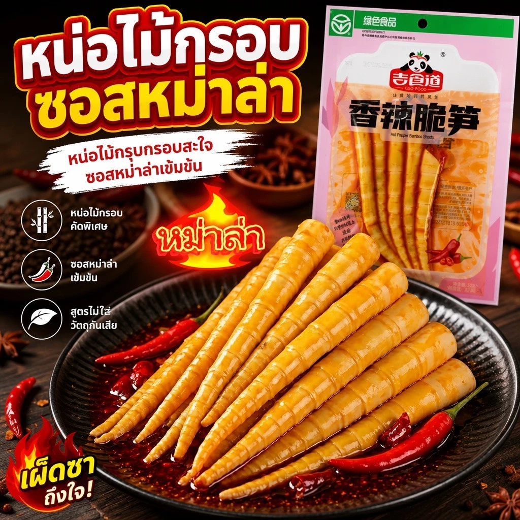 หน่อไม้หม่าล่าปรุงรสพรีเมียม รสหม่าล่าเผ็ดชาสะใจ กลิ่นหอมเย้ายวน เคี้ยวกรุบหยุดไม่อยู่ ขนาดพกพา 60 กรัม