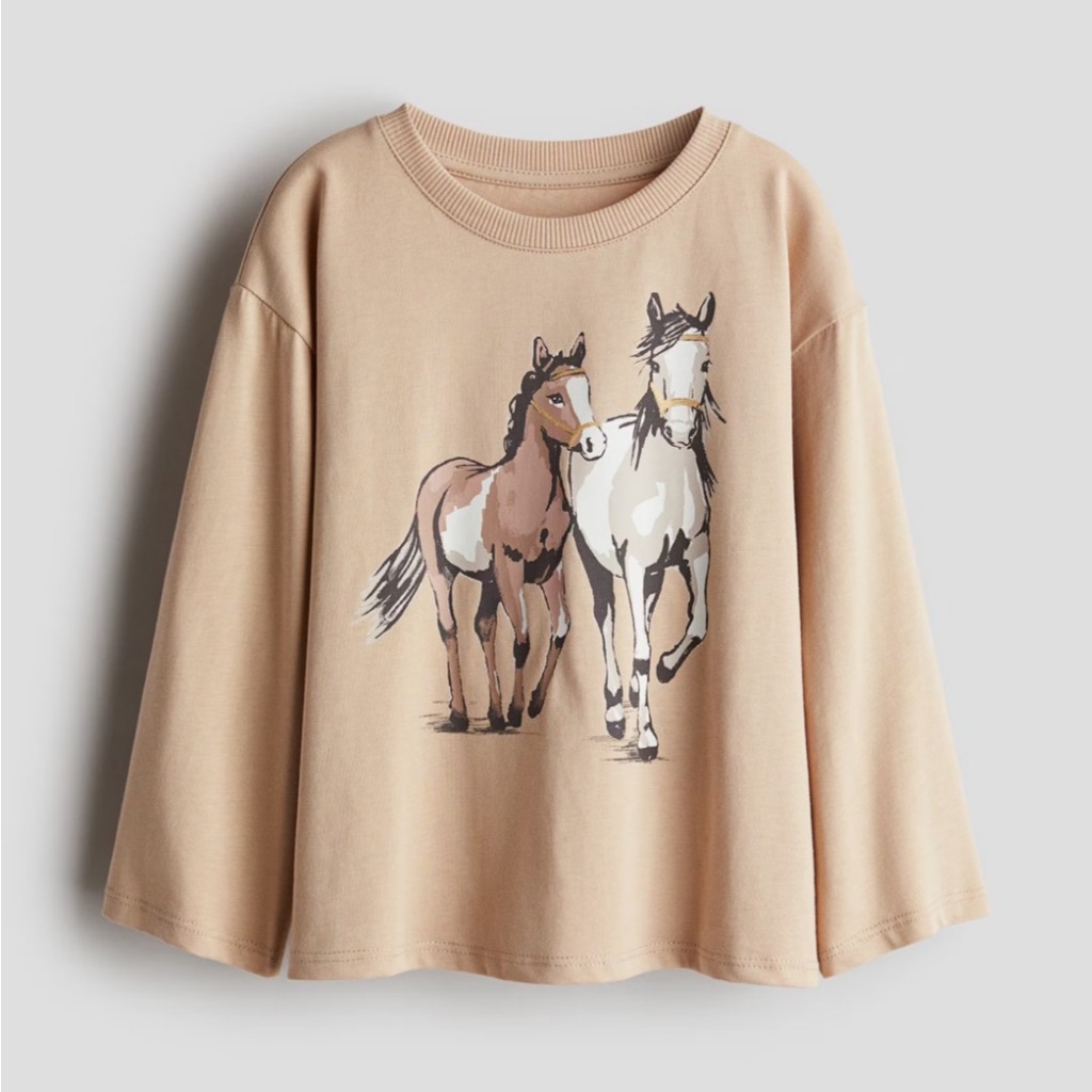 H&M เสื้อคอตตอล คอ กลม แขนยาว ม้า น้ำตาล ไซด์ 1.5-10 ปี