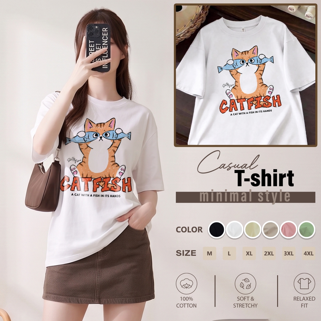 เสื้อยืดแขนสั้น ผ้าCotton M-4XL พิมพ์ลาย "Catfish" พร้อมส่ง