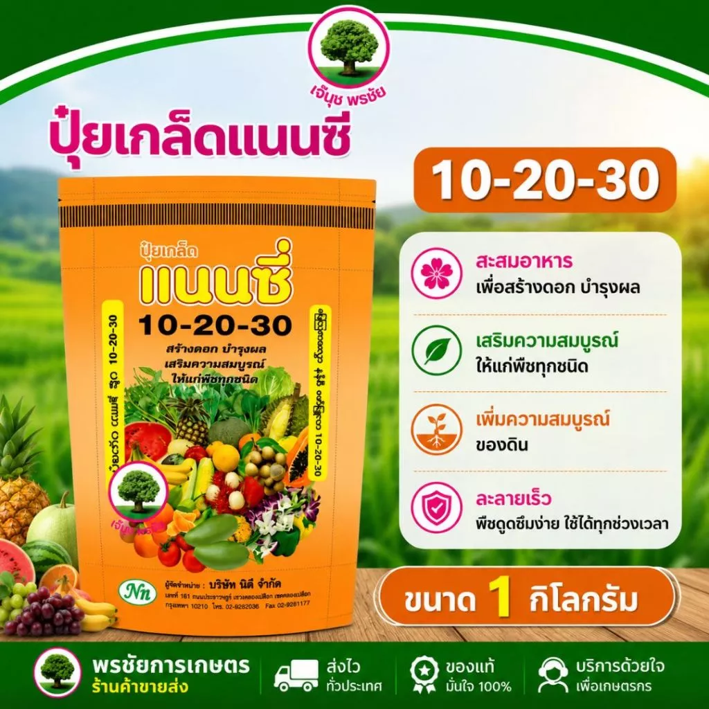 ปุ๋ยเกล็ดสูตร 10-20-30 ตราแนนซี่ ใช้ในระยะออกดอก ติดผล สร้างราก/สร้างเมล็ด/หัว/หน่อ ขนาด 1 กิโลกรัม