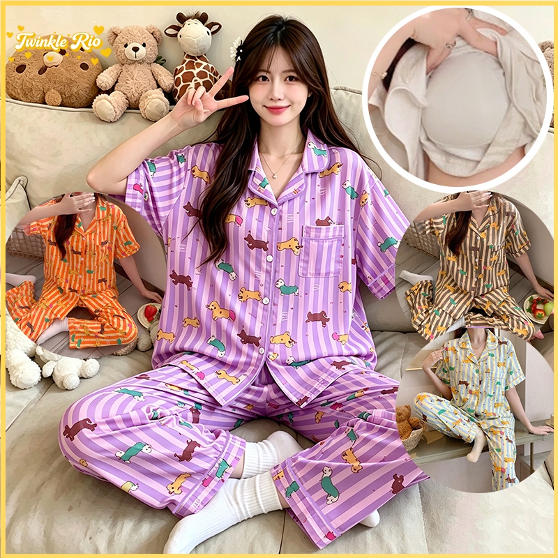 ชุดนอนผู้หญิงไซส์ใหญ่ ผ้าไหมญี่ปุ่น L-4XL มีบราในตัว คอปก อก40-52นิ้ว แขนสั้นขายาว ผ้านิ่ม ไม่ร้อน ใส่สบาย