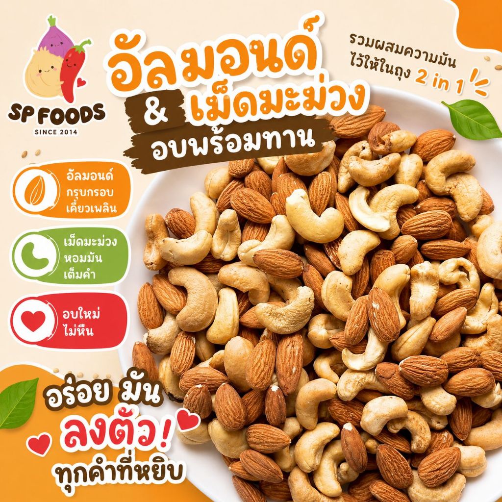 อัลมอนด์+เม็ดมะม่วง อบธรรมชาติ100% เกรดส่งออก ธัญพืชอบกรอบ พร้อมทาน