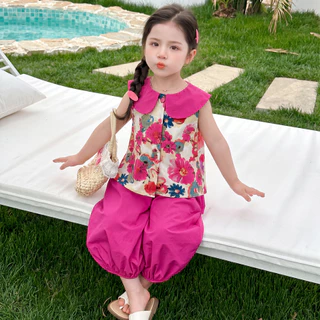 PRINCESS KESLI 1-9 ปี ชุดเด็กหญิงแฟชั่น 2ชิ้น เสื้อ+กางเกง คอตุ๊กตา แฟชั่นเด็ก ฤดูร้อน เสื้อกั๊ก เสื้อแขนกุด เด็กผู้หญิง