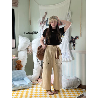 LindaaPlus-- กางเกงคาร์โก้เอวสูง ★⋆.˚กระเป๋าแต่งหน้าทรงเหลี่ยม ใช้งานได้จริง คาโก้ทรงกระบอกใหญ่ ผ้ายีนวาฟป๊อปนำเข้า