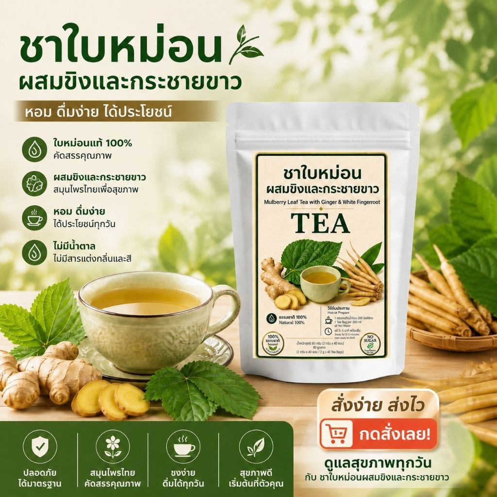 ชาใบหม่อนผสมขิง กระชายขาว 12 /40ซองชา ได้ร้อนและเย็น ธรรมชาติแท้ 100% สินค้าออร์แกนิก ชาสมุนไพรสูตรธรรมชาติ