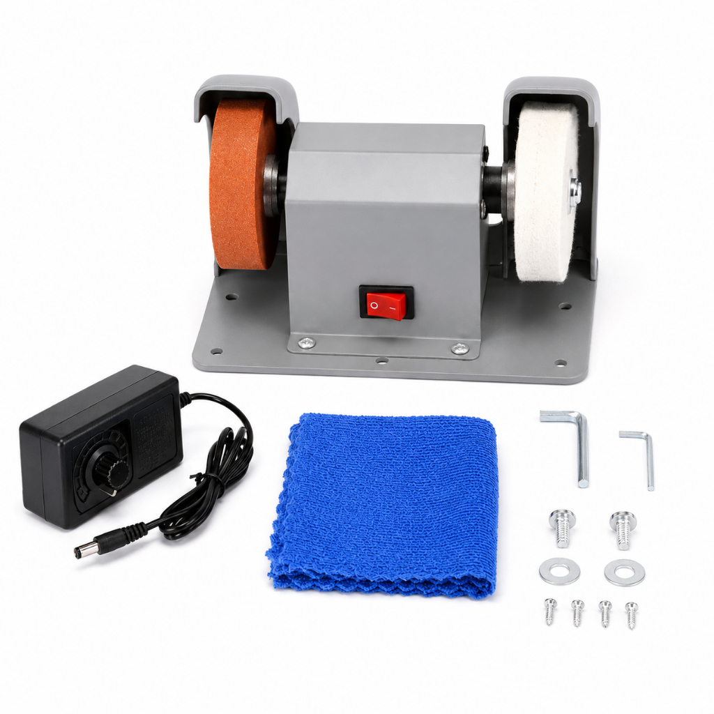เครื่องเจียรตั้งโต๊ะ 96W ปรับความเร็ว 7 ระดับ 0–10000RPM ล้อเจียรคู่ 2.75 นิ้ว หมุนซ้ายขวา สำหรับงาน DIY