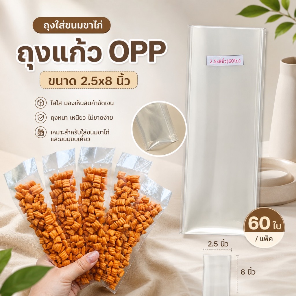 ถุงเเก้ว ถุงใส่ขนมขาไก่ ถุงใส่ขาไก่ ขนาด 2.5x8นิ้ว (60ใบ) ถุงซีลได้