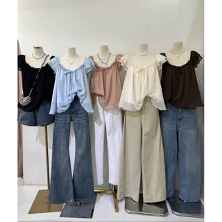 เสื้อแขนระบายผ้าพริ้วทรงปล่อยใส่สบาย