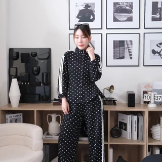 Lawyer Store | [767345] [767345-2] (ขายแยกชิ้น) ชุดเซ็ท เสื้อแจ็คเก็ต ลายจุด ชายระบาย กางเกงเอวยืดขายาว ลายจุด แถบข้าง ล