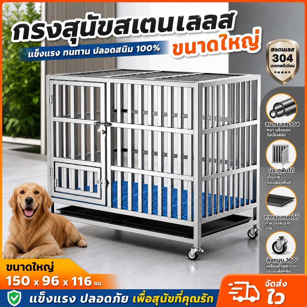 กรงสุนัขสแตนเลส 304 กรงหมาขนาดใหญ่ แข็งแรงไม่ขึ้นสนิม มีล้อเคลื่อนย้าย เหมาะสุนัขทุกพันธุ์ จัดส่งจากกรุงเทพ Dog Cage