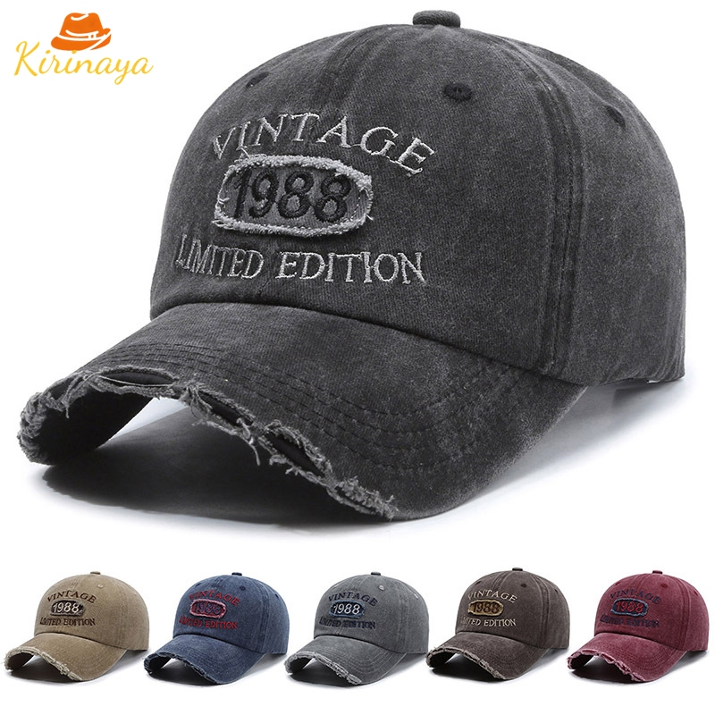 หมวกเบสบอลผู้ชายผู้หญิง ผ้าฝ้ายซักรีดลุควินเทจ ขอบหมวกขาดรอย ปักVINTAGE1988 ย้อนยุค แฟชั่นหมวกกันแดด