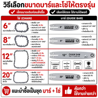 บาร์+โซ่เลื่อยยนต์ 6นิ้ว/8นิ้ว/12นิ้ว/20นิ้ว ครบชุด เหมาะสำหรับเลื่อยโซ่ยนต์ เลื่อยไฟฟ้า โซ่คม ทนทาน พร้อมส่ง