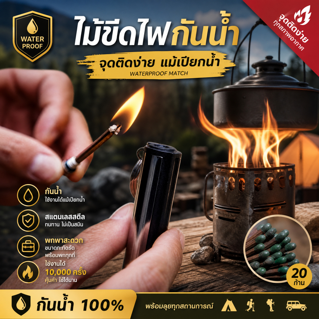 ไม้ขีดไฟกันน้ำ แบบใช้ซ้ำ อุปกรณ์จุดไฟฉุกเฉิน สำหรับแคมป์ปิ้ง เดินป่า Waterproof Fire Starter Outdoor Survival Gear Set