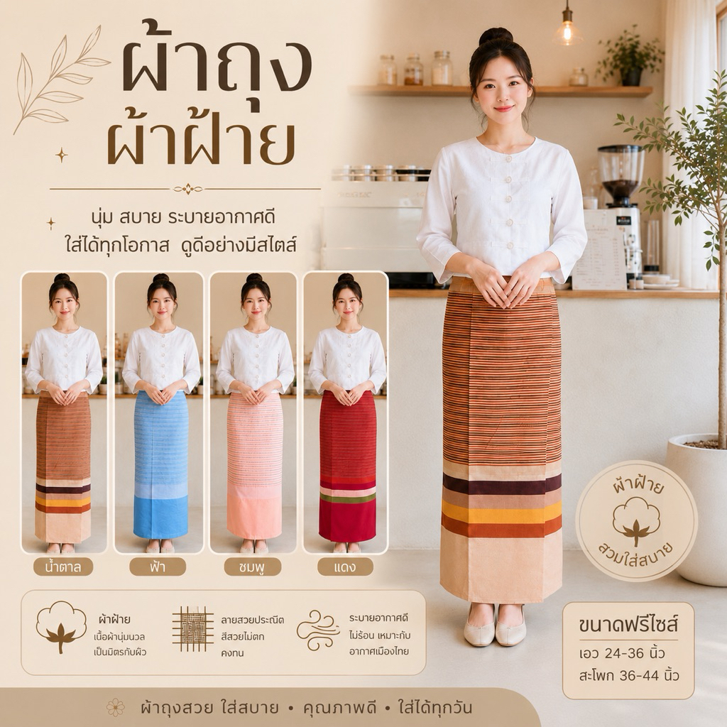 ผ้าถุง ผ้าซิ่น กาสะลอง สีสดใส สวย ใส่สบาย มีเชือกมัดเอว พันได้ตามขนาดรอบเอวของแต่ละคน กว้าง 68“ ยาว 42” เนื้อผ้าทอ