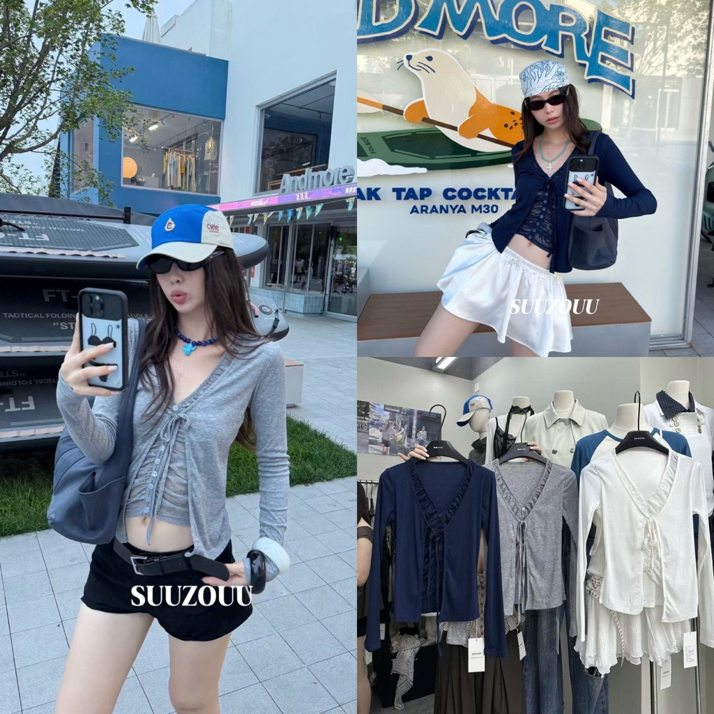 ส่งด่วน 26T518 MMFISH เสื้อแขนยาวดีไซน์ผูกหน้า แต่งเลเยอร์ 2ชั้น ผ้าลูกไม้คอวี