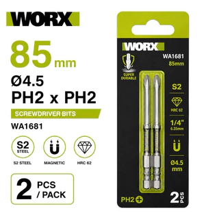 ดอกไขควง WORX PH2 x PH2 ดอกสว่านแม่เหล็ก เหล็ก S2 HRC62 ขนาด 65/85/110mm 2 ชิ้น/แพ็ก