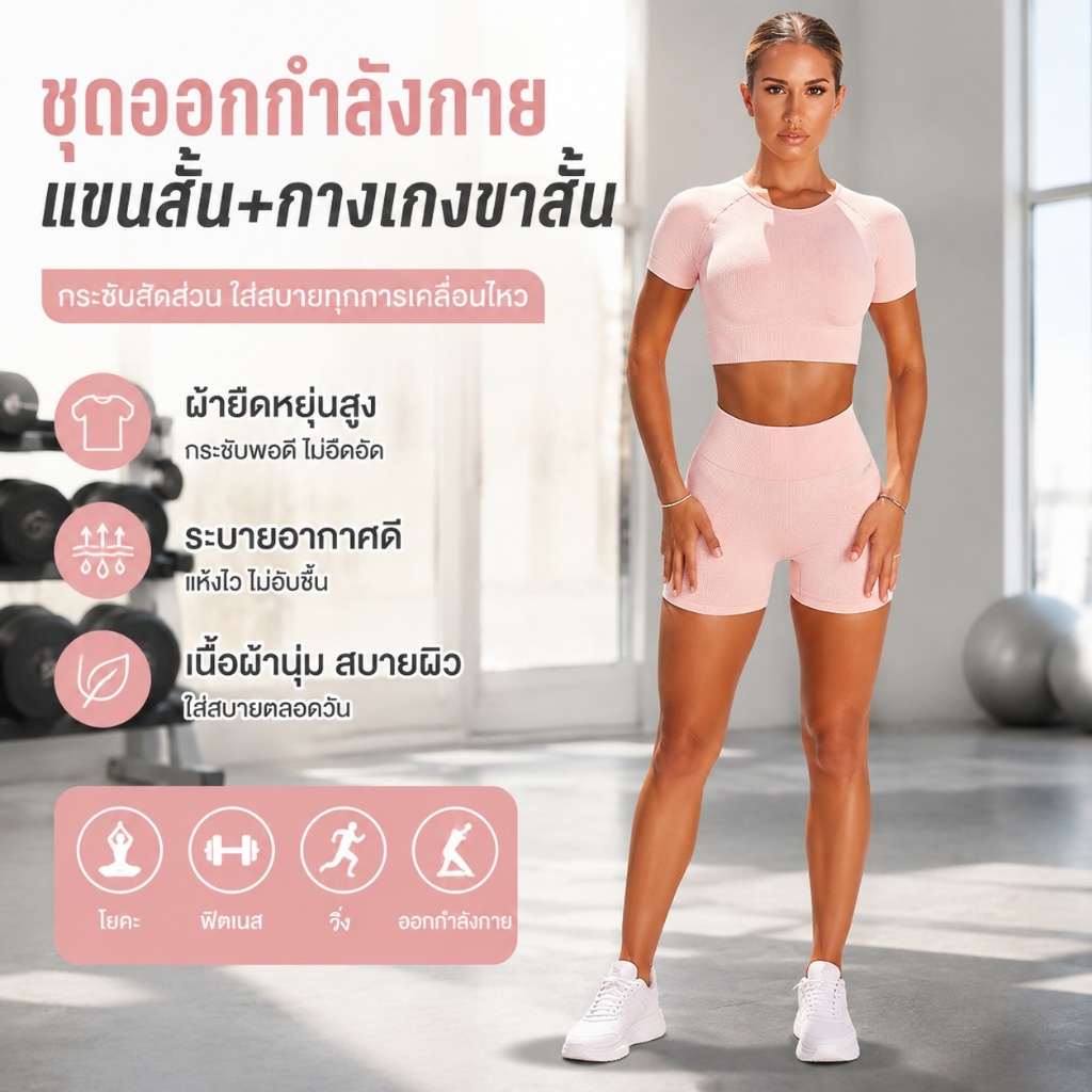 ชุดออกกำลังกายผู้หญิง เสื้อแขนสั้น+กางเกงขาสั้น เอวสูง กระชับสัดส่วน ยืดหยุ่นสูง ใส่สบาย สำหรับโยคะ ฟิตเนส