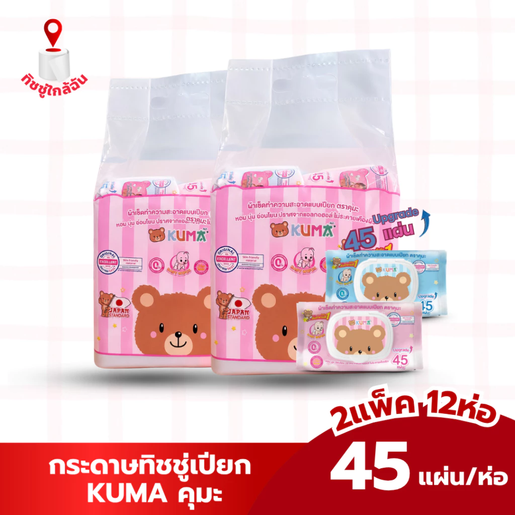 เซท 2 แพค 12 ห่อ ผ้าเช็ดทำความสะอาดผิวแบบเปียก KUMA ทิชชู่เปียกคุมะ 45 แผ่น สีชมพู สีฟ้า มี2สีในแพค