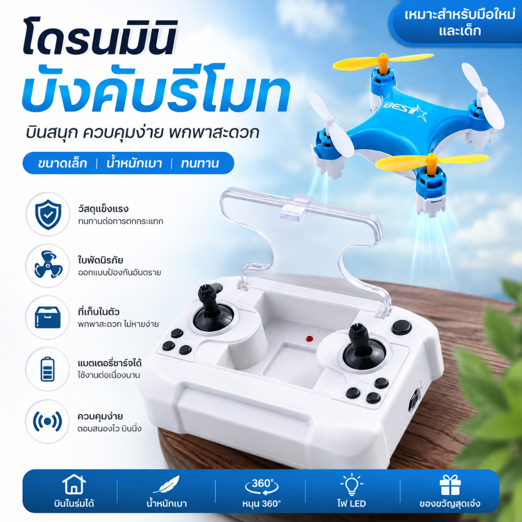 360° ม้วนเก็บเครื่องบินบังคับ แบบพกพา พร้อมไฟ LED สี่แกน