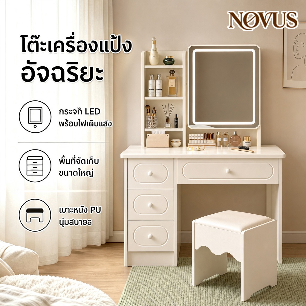 NOVUS โต๊ะเครื่องแป้งอัจฉริยะ มีเก้าอี้ พร้อมกระจกไฟ LED เก็บของได้เยอะ ชั้นวางของด้านข้าง ลิ้นชักหลายช่อง สำหรับห้องน