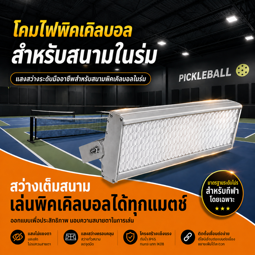 โคมไฟ LED ไร้เงา กันแสงแยงตา ไฟสนามพิคเคิลบอล ไฟสนามแบดมินตัน สำหรับสนามกีฬา ยิม และโกดัง แสงสว่างสม่ำเสมอ ประหยัดไฟ