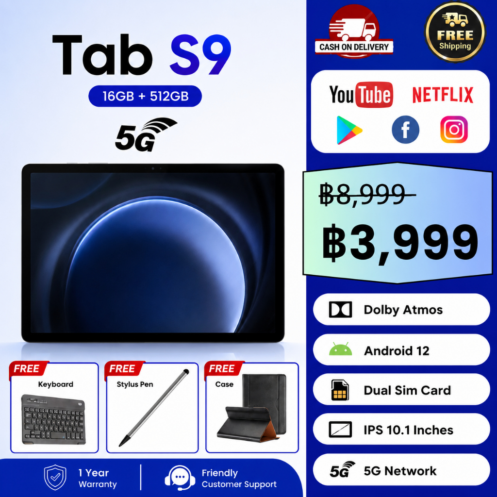 Tab S9 5G RAM16GB ROM512GB จอใหญ่ 12" FHD รองรับซิม 5G โทรได้ Android 12 ลื่น เร็ว