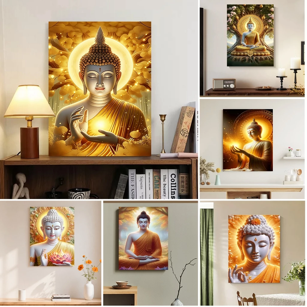 ภาพตกแต่งผนังห้องนั่งเล่น ภาพพระพุทธรูปสักยมุนีดอกบัวสไตล์เซนสำหรับห้องรับแขกห้องครัวและห้องพระ