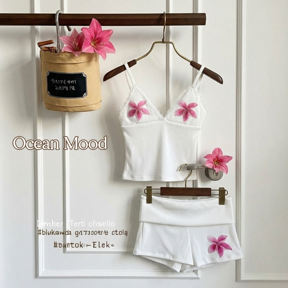 Ocean Mood | Summer Set ชุดเซ็ทสายเดี่ยวแต่งลูกไม้ ขาสั้นเอวต่ำ ลายดอกไม้ สไตล์เกาหลีน่ารักๆ ไปคาเฟ่ชิลๆ