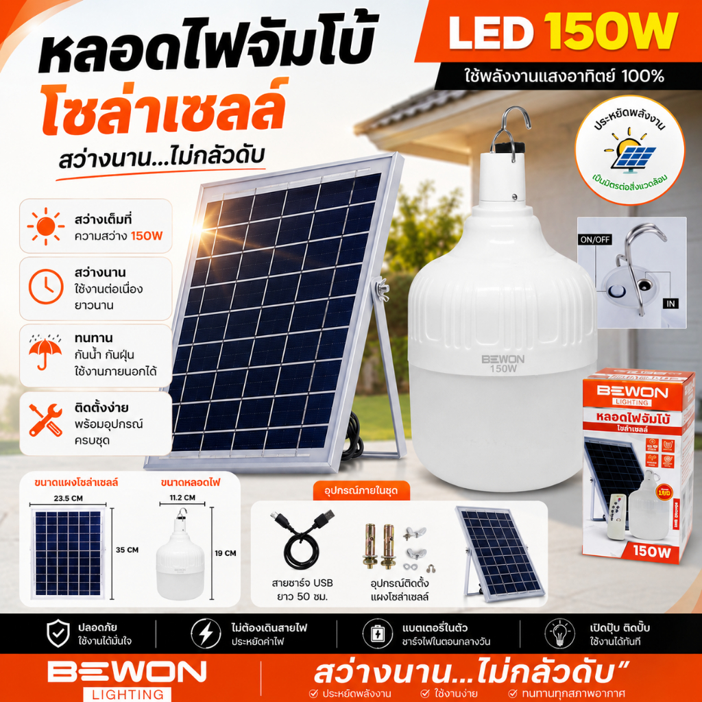 BEWON หลอดไฟจัมโบ้ โซล่าเซลล์ ไม่ต้องใช้ไฟบ้าน ขนาด 150 W