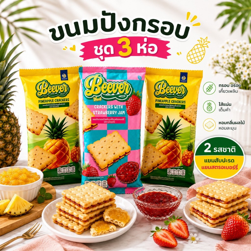 [เซต 3 ห่อ] ขนมปังกรอบ บีเวอร์สอดไส้ ( ตราระฆังทอง ) 182 กรัม/ห่อ