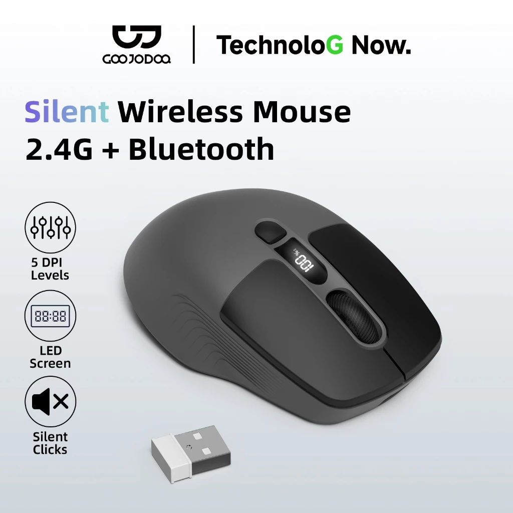 GOOJODOQ Triple Connectivity Mouse 2.4GHz & Dual Bluetooth Silent Ergonomic Design with LED Display and DPI Adjustment