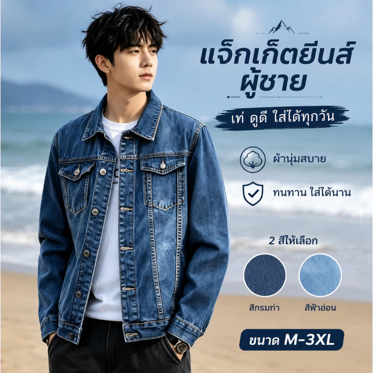 แจ็กเก็ตยีนส์ผู้ชาย แจ็กเก็ตยีนส์สไตล์ลำลอง ผ้ายีนส์นุ่ม ไม่แข็ง ทรงสบาย ไม่รัดรูป