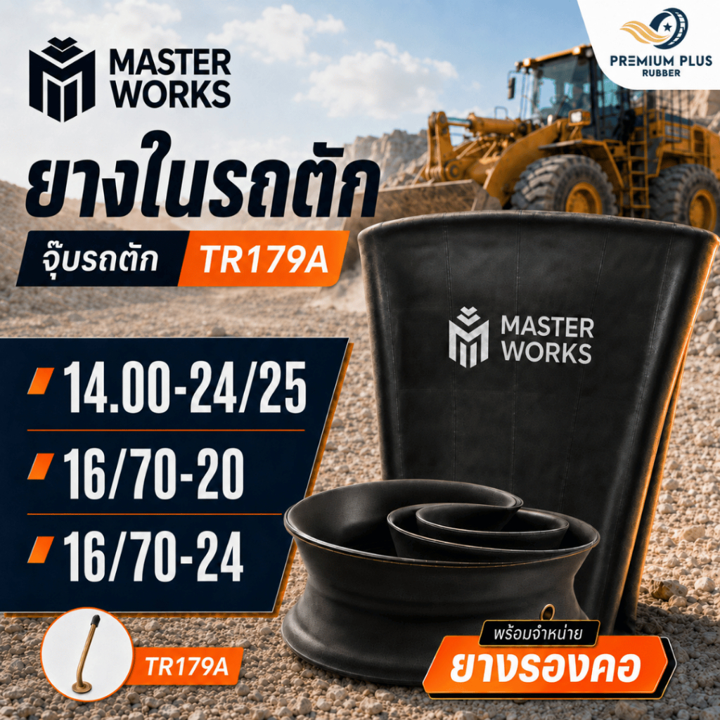 ยางในรถตัก ยางรองคอ MASTER WORKS TR179A จุ๊บงอยาว ขอบ 20, 24, 25 นิ้ว (14/70-20, 16/70-20, 16/70-24,