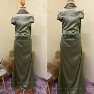 👑C;5065:ชุดราตรี(+ผ้าพันคอ)เดรสยาวปาดไหล่ใส่ออกงาน พรางแขนพรางหน้าท้องผ้าเงาซาร่า